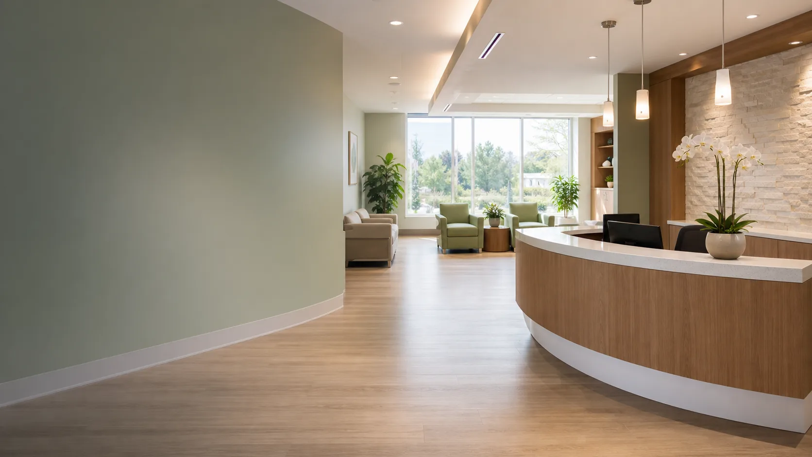 Warm modern medical clinic reception area